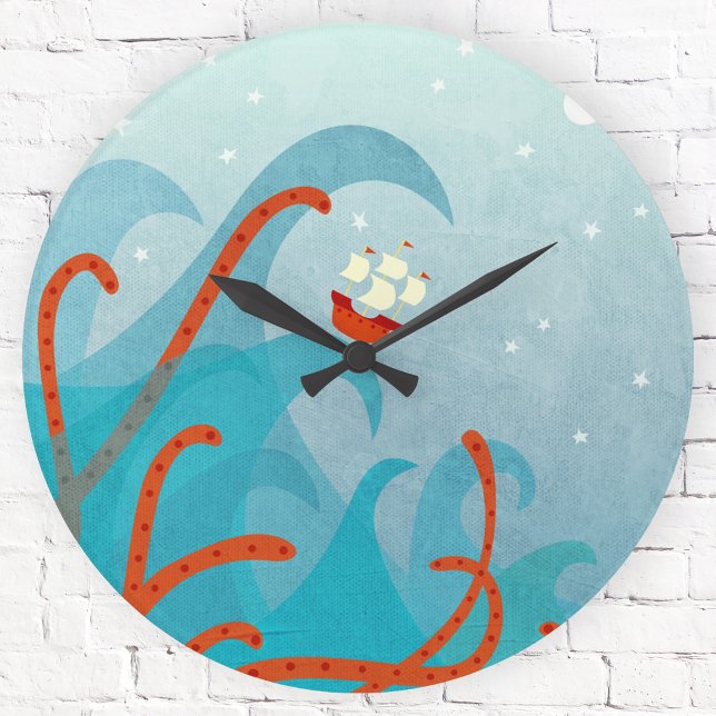 A Bad Day For Sailors Nautical Art Large Clock (Sailing sea monster fun wall clock)