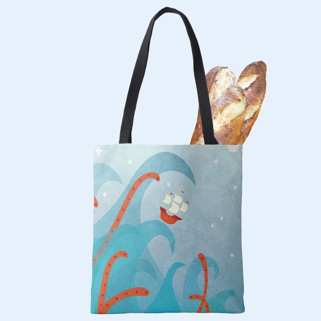 A Bad Day for Sailors Nautical Seascape Tote Bag (Sailing boat and sea monster fun tote bag)