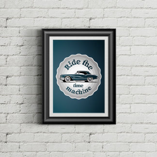 A badge styled graphic with vintage car inside. poster