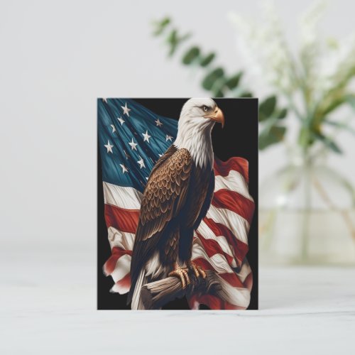 A bald eagle perched on a waving American flag Postcard