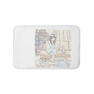 A bare-footed female illustration sitting on a yel bath mat
