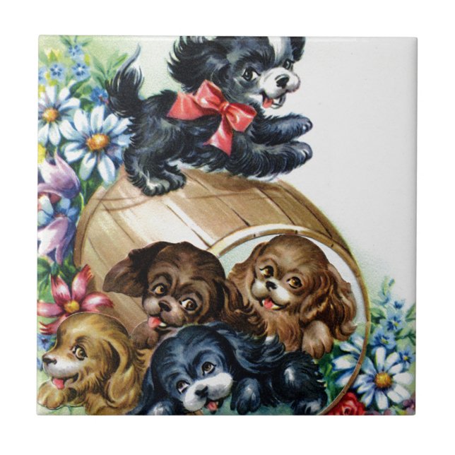 A Barrel of Puppies Ceramic Tile (Front)