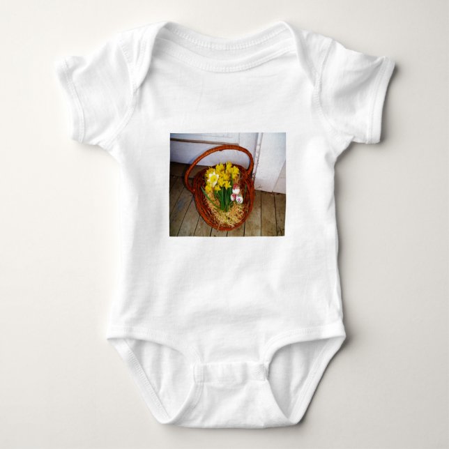 A Basket of Yellow Daffodils and floral Easter Egg Baby Bodysuit (Front)