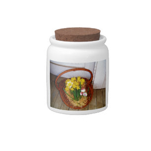 A Basket of Yellow Daffodils and floral Easter Egg Candy Jar