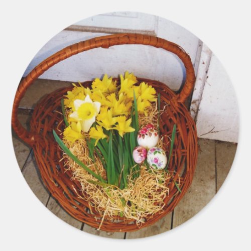 A Basket of Yellow Daffodils and floral Easter Egg Classic Round Sticker