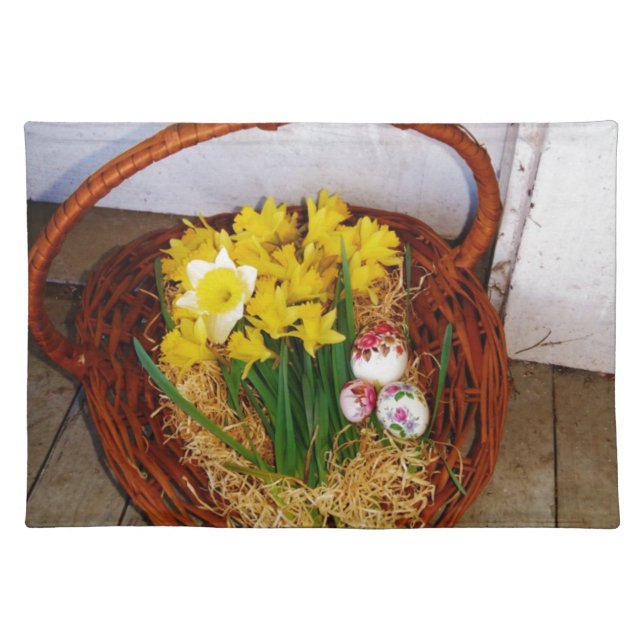 A Basket of Yellow Daffodils and floral Easter Egg Cloth Placemat (Front)