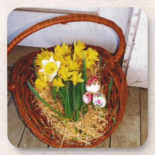 A Basket of Yellow Daffodils and floral Easter Egg Coaster (Front)