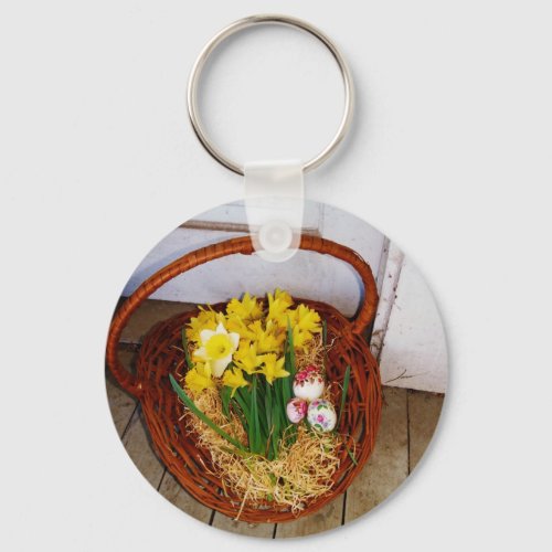 A Basket of Yellow Daffodils and floral Easter Egg Keychain