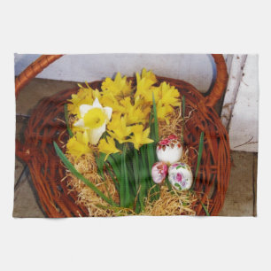 A Basket of Yellow Daffodils and floral Easter Egg Kitchen Towel