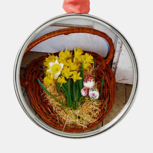 A Basket of Yellow Daffodils and floral Easter Egg Metal Ornament
