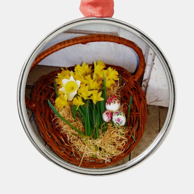 A Basket of Yellow Daffodils and floral Easter Egg Metal Ornament (Front)