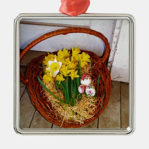 A Basket of Yellow Daffodils and floral Easter Egg Metal Ornament