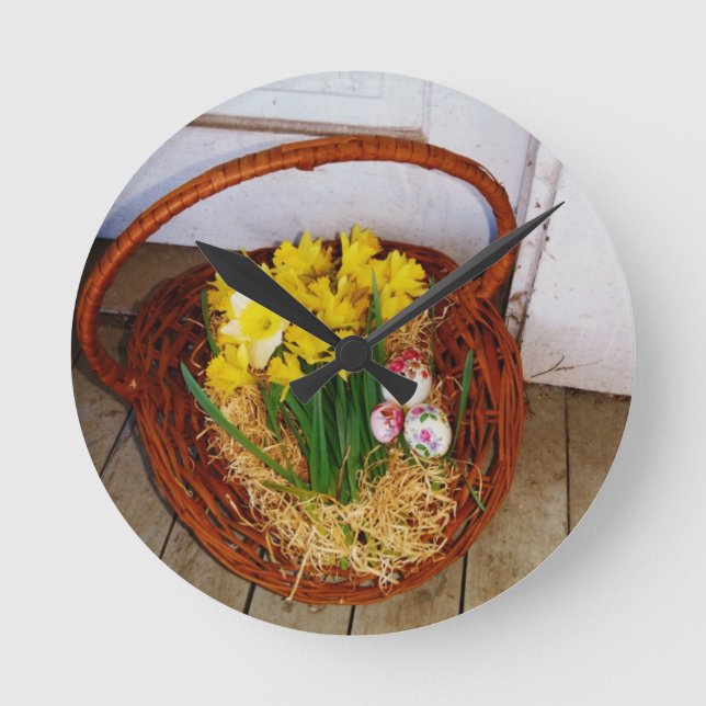 A Basket of Yellow Daffodils and floral Easter Egg Round Clock (Front)
