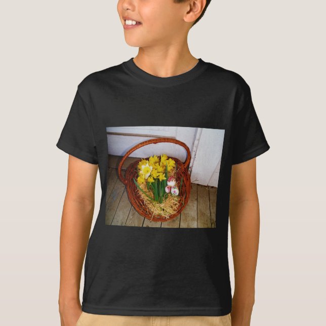 A Basket of Yellow Daffodils and floral Easter Egg T-Shirt (Front)