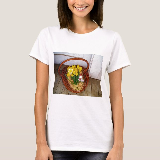 A Basket of Yellow Daffodils and floral Easter Egg T-Shirt (Front)