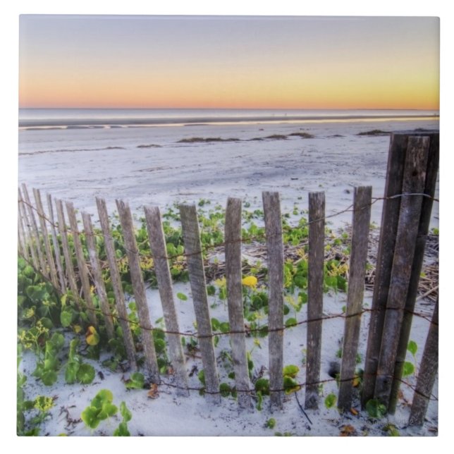A Beach Fence at Sunset Ceramic Tile (Front)