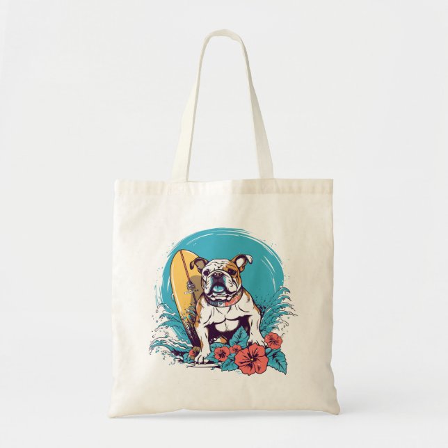 A beach loving bulldog catching some waves tote bag (Front)