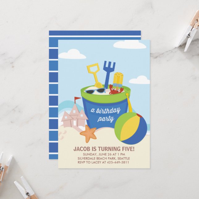 A Beach Party Kid's birthday Party invitation_Blue Invitation (Front/Back In Situ)