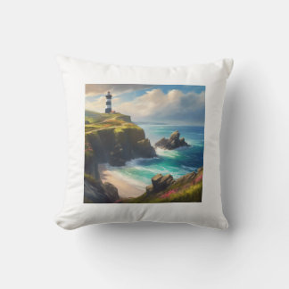 A beach with lighthouse throw pillow