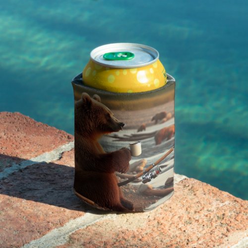 A bear chilling with a drink while fishing  can cooler