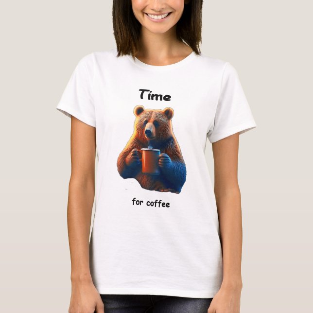 A bear is holding a steaming mug of coffee T-Shirt (Front)