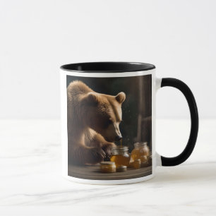 A bear is preparing for a sweet tasting. mug