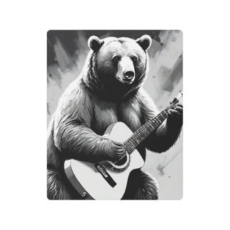 A bear strumming a guitar amidst the woods metal print