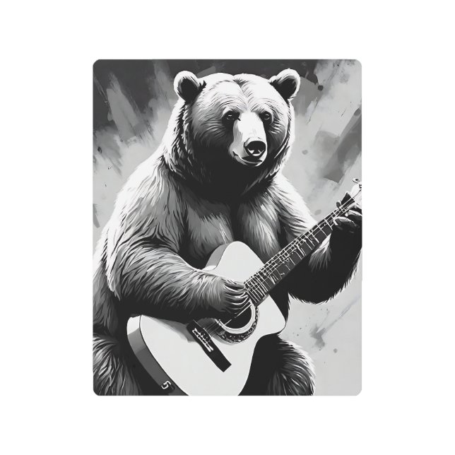 A bear strumming a guitar amidst the woods metal print (Front)