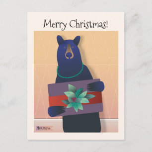 💕A bear Wearing a necklace holds a holiday gift Postcard