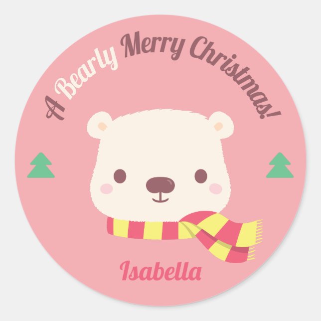 A Bearly Merry Christmas Holiday Greeting Classic Round Sticker (Front)
