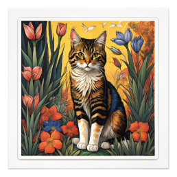 A beautiful and colorful cat sitting on a spring b photo print