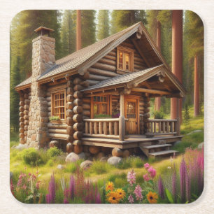 A Beautiful Antique Log Cabin in the Woods Square Paper Coaster