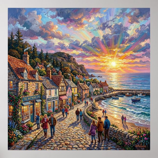 A Beautiful Beach Village Boardwalk at Sunset Poster (Front)