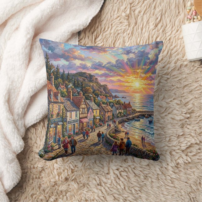 A Beautiful Beach Village Boardwalk at Sunset Throw Pillow (Blanket)