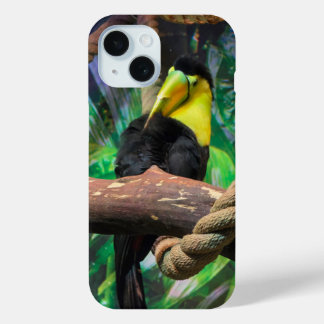a beautiful black and yellow Toucan iPhone 15 Case