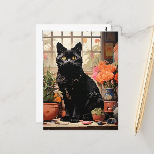 A Beautiful Black Cat in the Houseplants Postcard