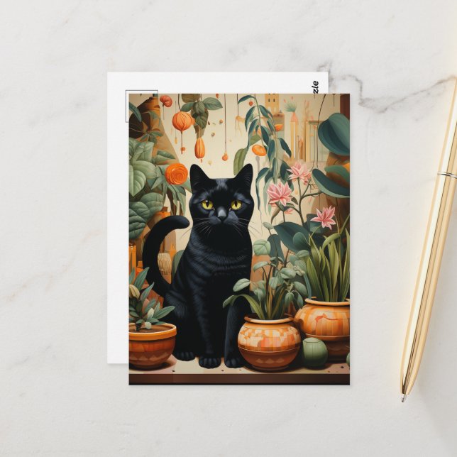 A Beautiful Black Cat Poses as a Houseplant Postcard (Front/Back In Situ)