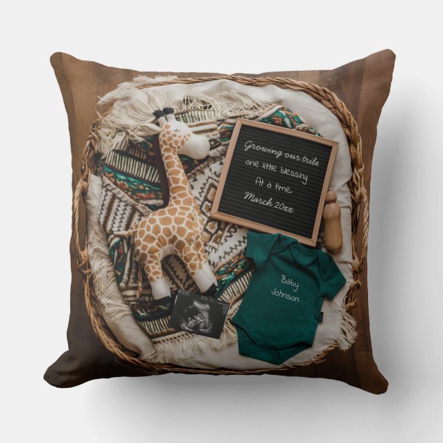A beautiful boho vintage pregnancy announcement throw pillow (Front)
