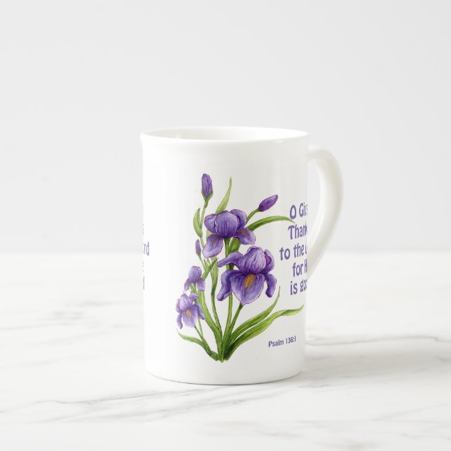 A beautiful bouquet of Iris flowers with scripture Bone China Mug (Front Right)