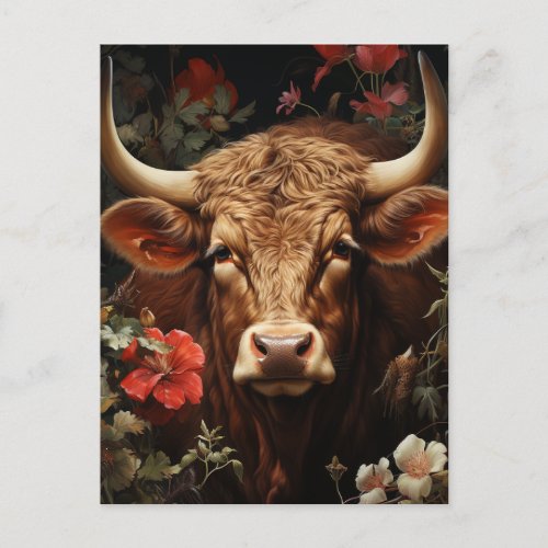 A Beautiful Brown Cow in the Flowers Postcard
