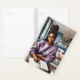a beautiful brown-skinned girl sitting at a desk planner
