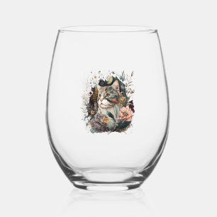 A beautiful cat WITH bouquet of roses for cat love Stemless Wine Glass