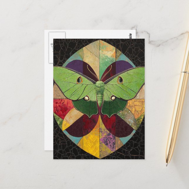A Beautiful Colorful Green Moth Postcard (Front/Back In Situ)