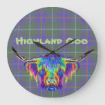 A beautiful colourful highland cow on tartan. large clock