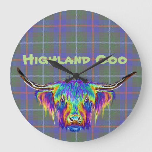 A beautiful colourful highland cow on tartan large clock