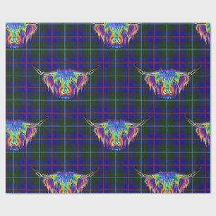 A beautiful colourful highland cow on tartan. wrapping paper