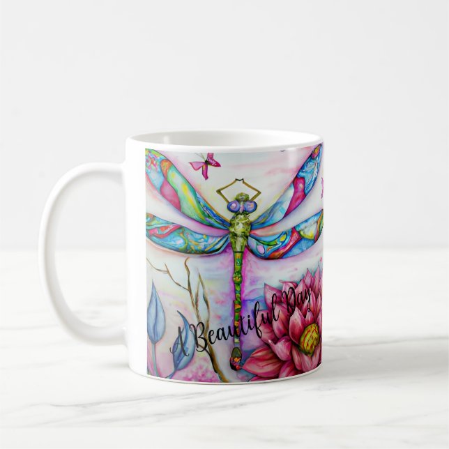A Beautiful Day, Watercolor Dragonfly, Personalize Coffee Mug (Left)