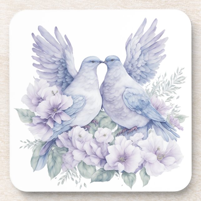 A Beautiful Dove Couple Watercolor Beverage Coaster (Front)