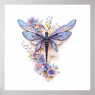 A beautiful dragonfly with gentle flowers poster