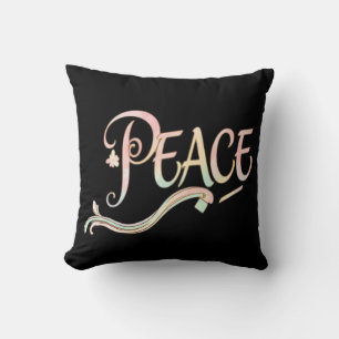 A beautiful, flowing script of the word "Peace" fe Throw Pillow